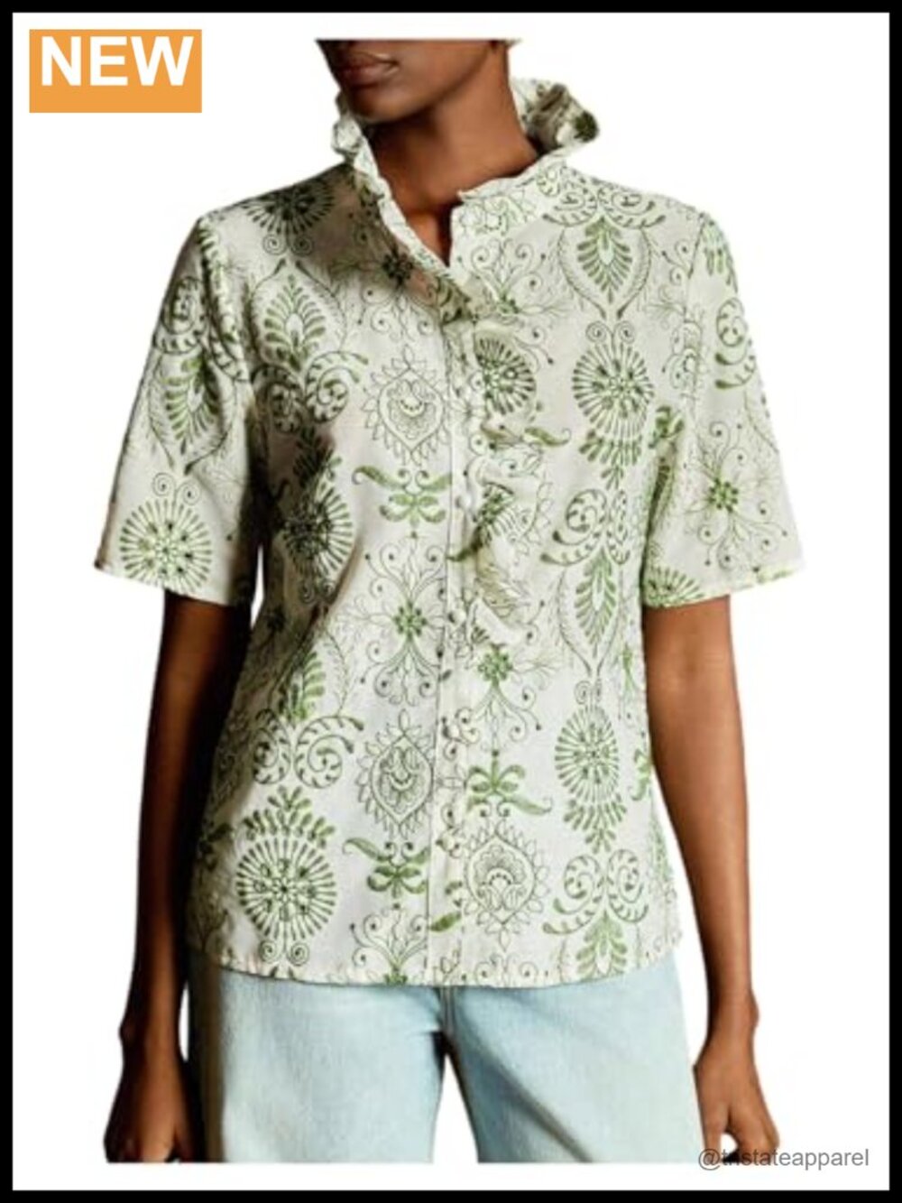 Women's Boho Embroidered Button Down Ruffle Mock Neck Top